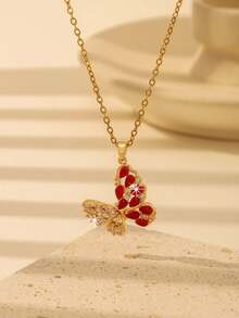 1pc Fashionable Cubic Zirconia Butterfly Pendant Necklace, Stylish & Charming Party Gift, Can Be Worn Alone Or Layered, Elegant For Daily Wear - Yellow Gold - View 6