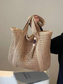 1pc New Fashionable Versatile Tote Bag, Beach Vacation Bag, New Arrival Fashionable Woven Beach Tote Bag, Lightweight Elegant Design, Women's New Straw Woven Handbag, Fashionable And Versatile Large Capacity Tote Bag, Handbag, Large Capacity, Suitable For Women, College Students, Teenagers, With Tassel Pendant, Summer Straw Beach Bag For Women,