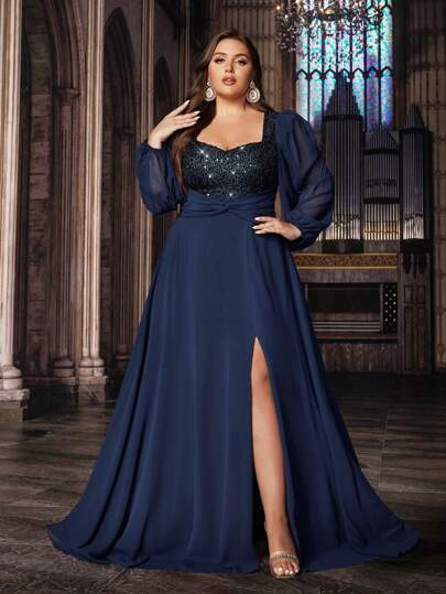 QOQ Navy Blue Plus Size Women Long Sleeve Evening Gown For Formal Events Sequin Patchwork Sweetheart Neck Long Dress