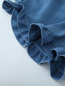 [Dreamery]1pc Women Solid Color Bubble Ruffle V-Neck Short Sleeve Shorts Pajama Set - Blue - View 9