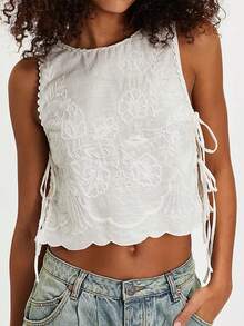 Womens Summer Lace Floral Crop Tank Top Sleeveless Side Tie-Up Eyelet Embroidery Vest Shirts Casual Beach Vacation Clothes - trắng - Xem 1