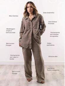 Women's Tweed Set, Pants And Maxi Shirt, Elegant Casual Office - 紫紅色 - 查看 2