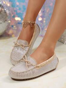 优雅时尚女士水钻平底鞋，带蝴蝶结 - 防滑、舒适、可折叠、适合所有季节，送给妈妈的礼物 - 卡其色 - 查看 5