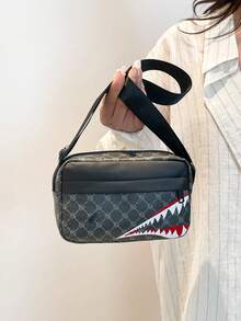 1 pezzo Borsa a tracolla casual da uomo con motivo geometrico stampato in PU nero liscio e zip, di design alla moda piccolo quadrato, borsa messenger con motivo a bocca di squalo aziendale