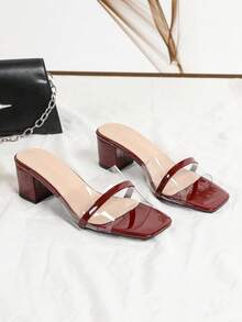 时尚勃艮第漆皮高跟凉鞋女款，透明露趾粗跟一脚蹬休闲鞋，适合度假 - 酒紅色 - 查看 3