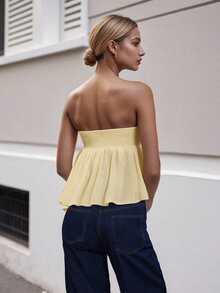 Women Sexy Strapless Ruffle Hem Tube Top Summer Solid Sleeveless Backless Tube Top Pleated Peplum Flowy Bandeau Top - Màu vàng - Xem 6
