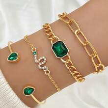 4 Stücke/Set Armband-Set mit Smaragd und quadratischen Strasssteinen in Schlangenkette, Damen Armband Set, für den täglichen Gebrauch geeignet