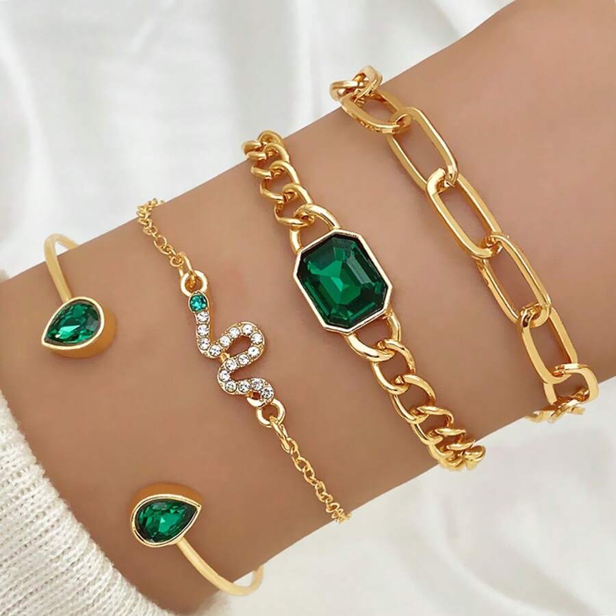 4 Stücke/Set Armband-Set mit Smaragd und quadratischen Strasssteinen in Schlangenkette, Damen Armband Set, für den täglichen Gebrauch geeignet
