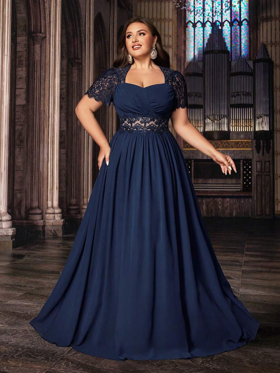 QOQ 高贵大码女式藏蓝色正式礼服优雅晚礼服派对礼服，适合生日派对、晚宴、婚礼宾客，蕾丝泡泡袖雪纺礼服，情人节春季款 - 藏蓝色 - 查看 1