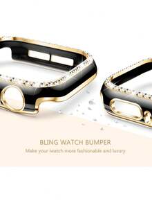 Set de 2 piezas Correa de reloj deportiva suave y cómoda de silicona para mujer con decoración de cristales de Bling y carcasa hueca glamorosa anti-caída, compatible con bandas de de 40/41/42/44/45/46/49mm, para Apple Watch Series Ultra/SE/11/10/9/8/7/6/5/4, accesorios inteligentes para relojes - Negro (sin reloj) - Ver 2