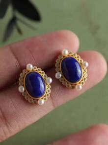 两对复古波西米亚青金石耳环，汉字耳环，具有记忆支撑、弹性保护和精神平衡的作用。铜/银/金色调仿天然石，招财纳福，女士时尚首饰，四季配饰。