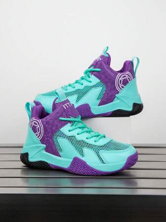 1 par barnbasketskor, utomhussportskor, vardagssneakers, halkfria, slitstarka, moderiktig stil för 10 år, lämplig för pojkar och flickor, 8-12 och 14 år, färgmatchning och ventilerande mesh