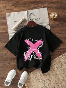 Tween Girl Casual Bear Slogan Print Round Neck Pullover Short Sleeve T-Shirt For Summer