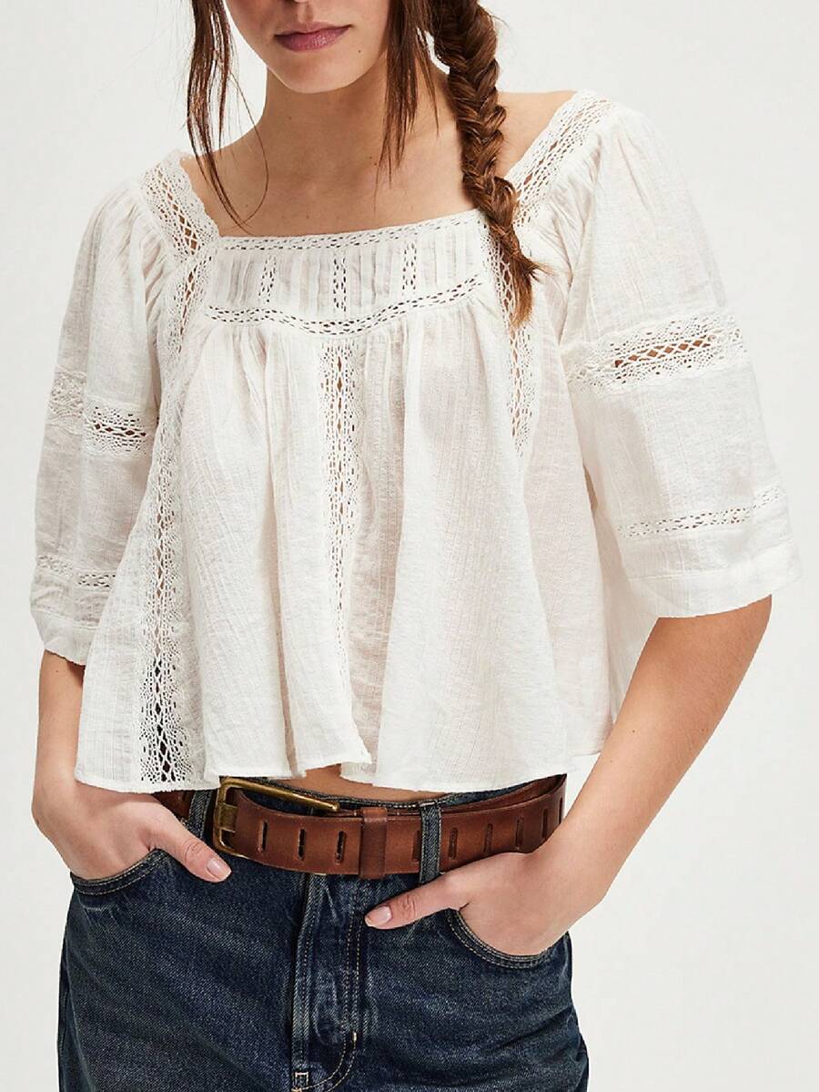 Womens Tie Front Ruffle Boho Top Flowy Sheer Short Sleeve Lace Blouses Y2k Embroidered Babydoll Button Down Eyelet Shirts Beach Fashion Going Out Tops - 白色 - 查看 1