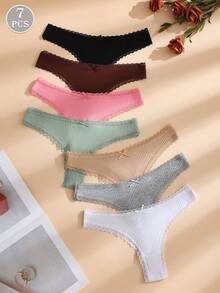 7pcs/Pack Women's Solid Color Thin Lace Patchwork Cotton Thong Panties With Cute Bow, Stretchy & Soft Comfortable Ladies Underwear - Multicolor - View 2