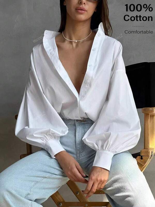 Women's Outfits | Professional Summer Office Shirt | Old Money Style French Cotton Linen Blouse With Puff Sleeves | 2025 Casual Elegance White Top For Graduation & Workwear | Breathable Button Down Shirt With Drop Shoulder | Chic Summer Outfits For Women