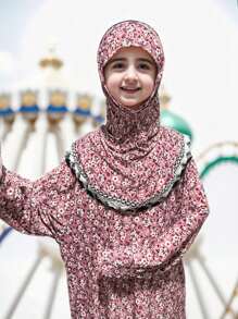 Rose Red Small Plum Blossom Pattern Headscarf For Girls, Children, Teens - Elastic & Comfortable With Wide And Long Design, Suitable For Daily Outdoor And Home Use