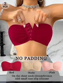 3 件套多色前扣文胸，无肩带无缝文胸，带钢圈和单层肩带，抹胸 - 彩色 - 查看 6