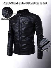 男士长袖立领修身仿皮摩托车夹克，休闲百搭 - 黑色 - 查看 3