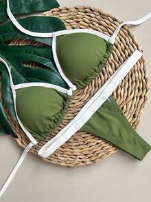 String Bikini With Ribbon/Thong - 軍綠色/關閉 - 查看 2