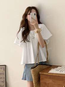Summer Square Neck Puff Sleeve Casual Short Sleeve Loose Blouse