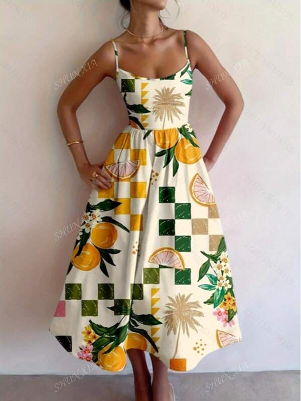 French Retro Lemon Print Strap Dress, High Waist Pleated Vacation Style Dress, Suitable For Daily Wear, Beach Holiday And Travel