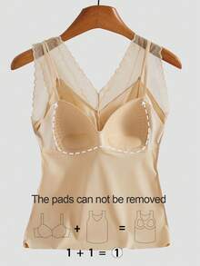 Regata feminina de renda contrastante de cor sólida Now Show Ice Slick, tecido sexy, decote em V, sem aro, camisola confortável, com sutiã acolchoado embutido e camiseta justa