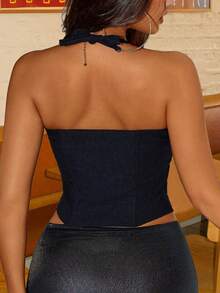 Áo tank top Yuwenier Y2K cổ chữ V, đính vòng kim loại phía trước, xẻ tà bất đối xứng, ôm sát eo, thích hợp cho đi chơi, hẹn hò, Halloween, lễ hội âm nhạc, màu đen casual mùa hè. - màu đen - Xem 2