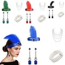 4 件套 1920 年代轻佻女郎头饰新娘婚礼派对发饰、头带、发夹、手套派对服装装饰女士万圣节 - 彩色 - 查看 1