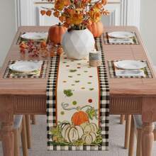 Pumpkin Polka Dot Plaid Table Runner For Autumn, Kitchen Dining Room Tabletop Decor For Dinner, Seasonal Home Decoration