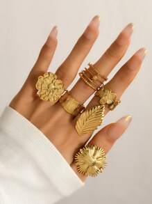 6pcs Fashion Stainless Steel Flower, Leaf, Cross Element Hydraulic Press Ladies Ring Set, Suitable For Daily Matching, Festivals, Dates, Gifts, Engagement, Wedding Gift For Lovers