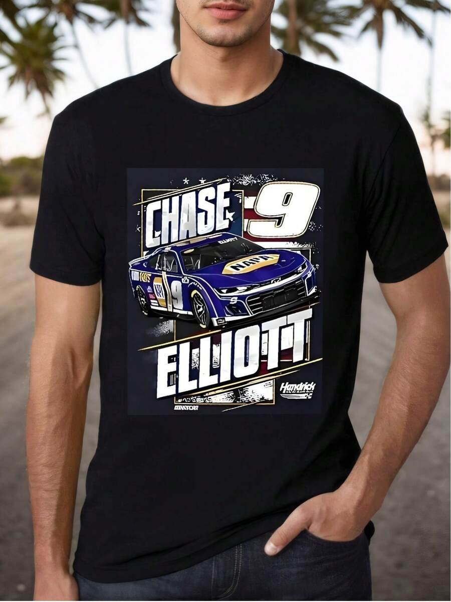 Men's Clothing Black T-Shirt Chase Elliott Racing Print Graphic Loose Fit Plus Size 100% Cotton Street Style Casual T-Shirt Print Q-Neck Machine Washable Comfortable For All Seasons Fathers Dad Gift - Black - View 1