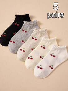 2 Paar Damen Socken mit süßem Kirschenmuster, geeignet für den täglichen Gebrauch