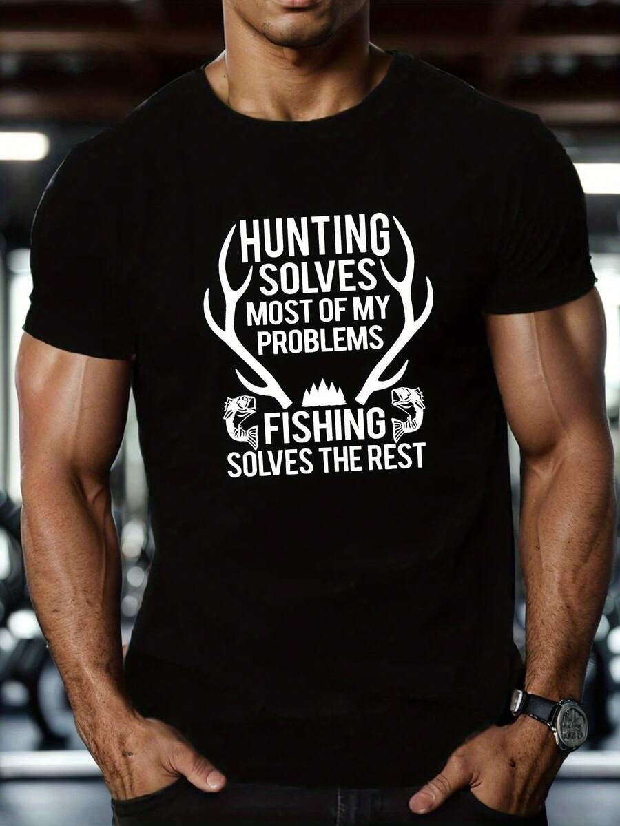 ANGELN UND JAGD Bedrucktes Herren Freizeit-Shirt, Polyester, weiches atmungsaktives schnell trocknendes Gewebe, Kurzarm Rundhals Sommer-Shirt ZGXA - Schwarz - Übersicht 1