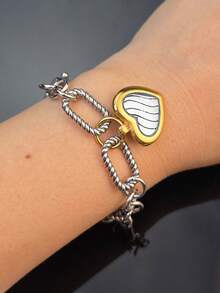 1pc Women's Stainless Steel Heart-Shaped Cable Twisted Compound Bracelet, Fashionable And Elegant Jewelry Accessory Suitable For Daily Wear - Multicolor - View 10