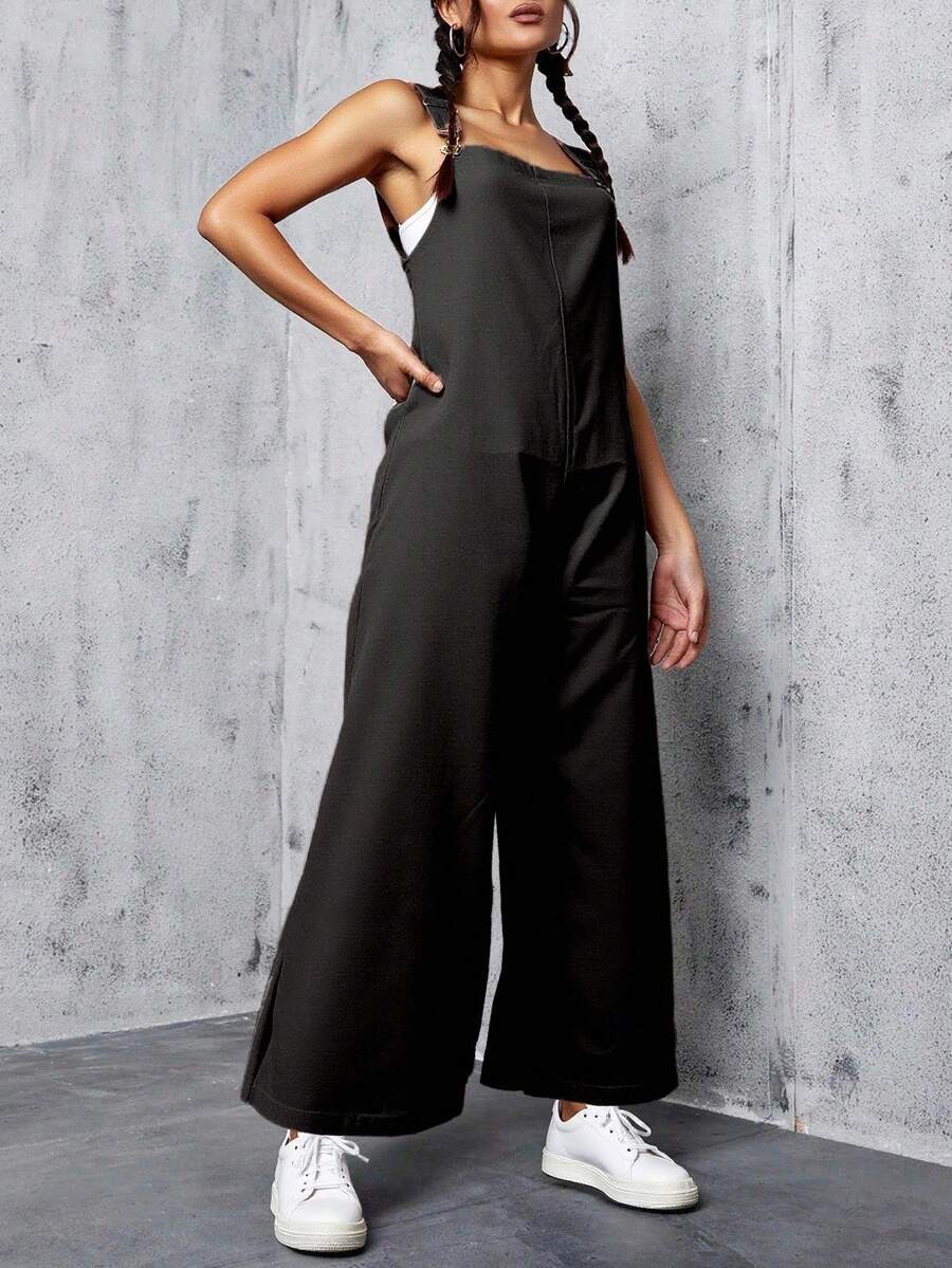 Overall mujer dama casual vintage holgado comodo algodon bolsillos costados relajado versatil juvenil streetwear urbano moderno tirantes ajustables corte ancho - Negro - Ver 1