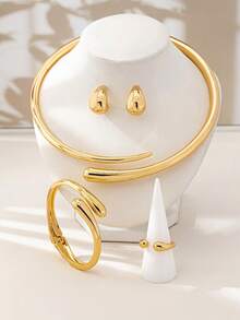 1 Bộ trang sức vòng tay, nhẫn, vòng cổ, hoa tai bằng hợp kim hình giọt nước kim loại thanh lịch, thích hợp cho các bữa tiệc, dạ hội và hẹn hò, một món quà thanh lịch cho bạn gái - Bạc - Xem 2