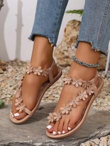 大码女式杏色平底沙滩凉鞋，新款女式平底人字拖，露趾圆头休闲波西米亚风花卉水钻时尚拖鞋，人字拖，春夏穿搭 - 杏色 - 查看 4