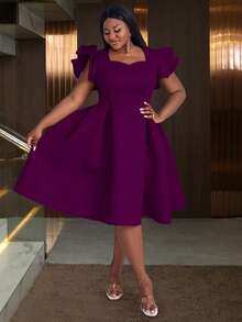 Plus Size Women's Sweetheart Collar Cap Sleeve Ruched Swing Birthday Party Graduation Outfit Dresses For Birthday, Wedding Guest, Graduation, Dinner, Homecoming Elegant Summer - 中紫紅色 - 查看 5