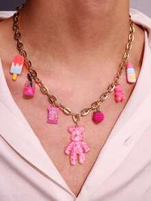 1pc Funky Jewelry Pink Cute Bear Charm Pendant Necklace, Summer Cartoon Ice Cream Candy Lipstick Multi-Element Charms Necklace DIY Personalized Creative Women Jewelry - Pink - View 2
