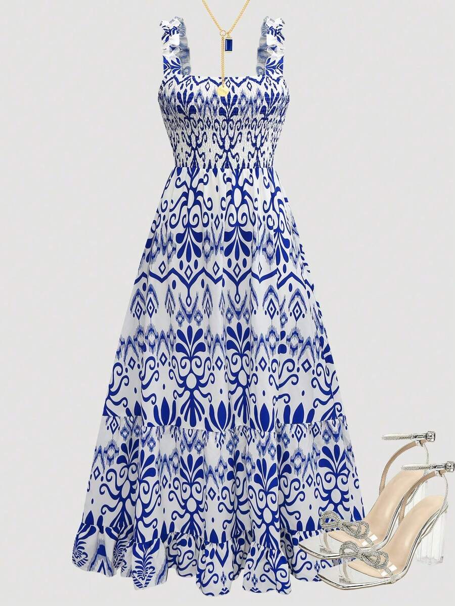 Women's Long Floral Print Strap Maxi Dress, All-Over Print Bohemian Casual Ruffle Tie Front Dress - Multicolor - View 1