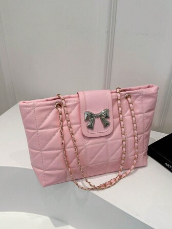 Elegant Solid Color Quilted Zipper Chain Shoulder Bag