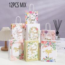 12/24PCS Floral Design Thank You Kraft Paper Gift Bags, Gift Packaging Bag, For Wedding Party Decor, Birthday Party Supplies, Theme Party Gifts Decorations