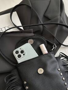 复古仿麂皮流苏单肩包，高品质小方形斜挎包