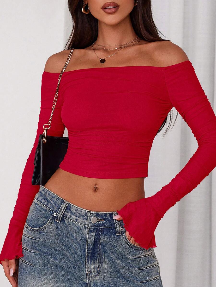 Women's Long-Sleeved T-Shirt Casual Temperament Off-The-Shoulder Pleated Slim-Fit Short Top Going Out Summer Shirt - 紅色 - 查看 1