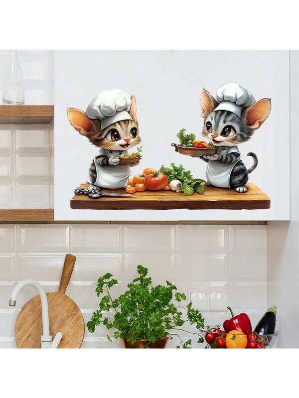 Kitchen Stickers/Decorative Stickers Cartoon Kitten Chef Stickers Waterproof And Dustproof Stickers, 1 Piece Pvc Material Removable Wear-Resistant Stickers, Wall Stickers 19.7*11.8 Inches, Suitable For Kitchen Decoration, Wall Decoration, Restaurant Decoration, Interesting Birthday Gifts, Graduation Gifts, Make Your Home A New Look