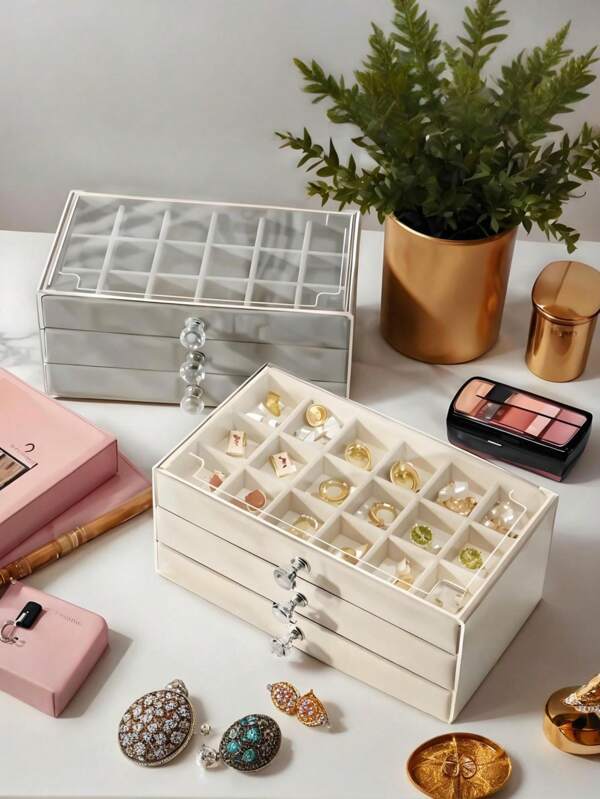3-Drawer Acrylic Jewelry Organizer Box - Clear Transparent Stackable Storage For Earrings, Rings, Necklaces & Bracelets, Multifunctional Vanity Display Case With Dustproof Design (Perfect For Bathroom/Dresser) For Women Storage Organizer Travel Essentials Back To School Dormitory Storage