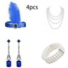 4 件套 1920 年代轻佻女郎头饰新娘婚礼派对发饰、头带、发夹、手套派对服装装饰女士万圣节 - 彩色 - 查看 2