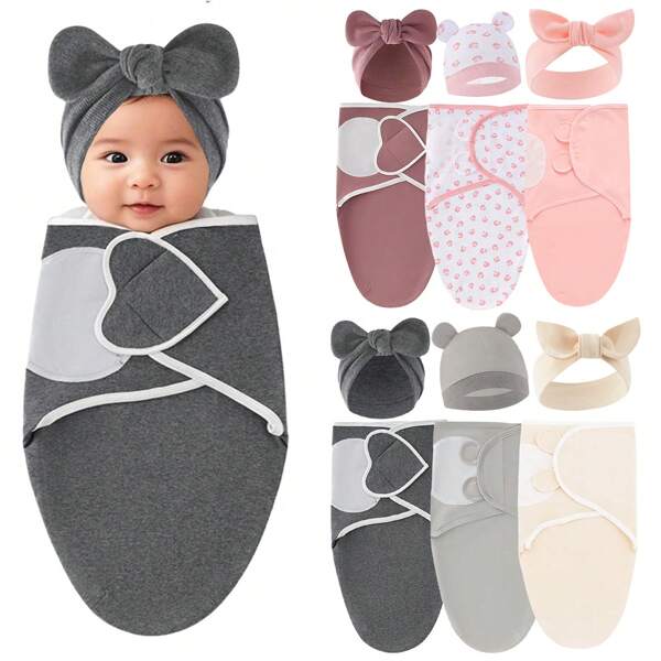 Baby Swaddle Blanket Set, 3 Packs Newborn Wrapping Towels + Baby Hats With Adjustable Hook And Loop Design, Suitable For Swaddling Sleeping Bags For Infants Aged 0-3 Months Soft And Comfortable Newborn Swaddle Blankets