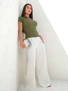 Women's Polo Shirt, Short Sleeve, Cotton, Simple, Casual, Knit, Everyday Wear - Army Green - View 5